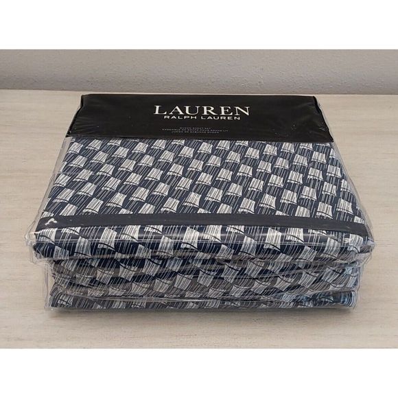 Ralph Lauren CASEY GEO PRINT Navy Cream 100% Cotton Queen Sheet Set Bedding - Picture 2 of 10